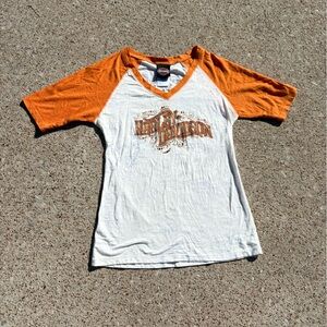 Harley-Davidson Orange and White Raglan V Neck Shirt 3/4 Sleeves Ft Worth